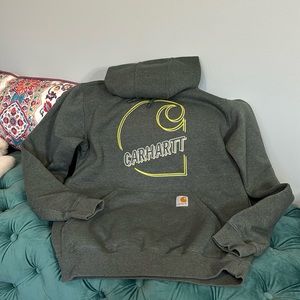 Men’s loose fit green and gray carhartt hoodie.